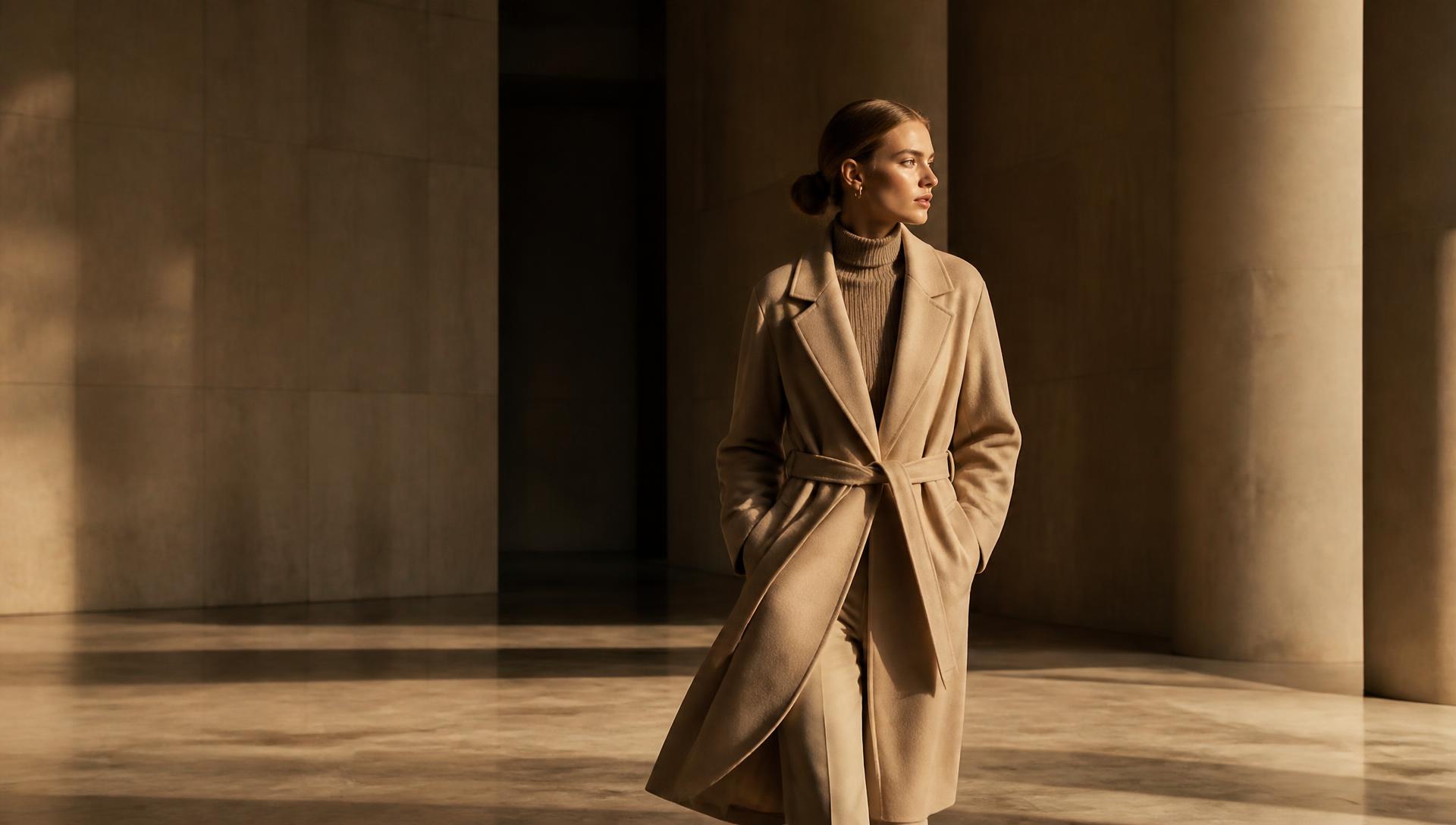 Campaign image of the overcoat in a minimal architectural space